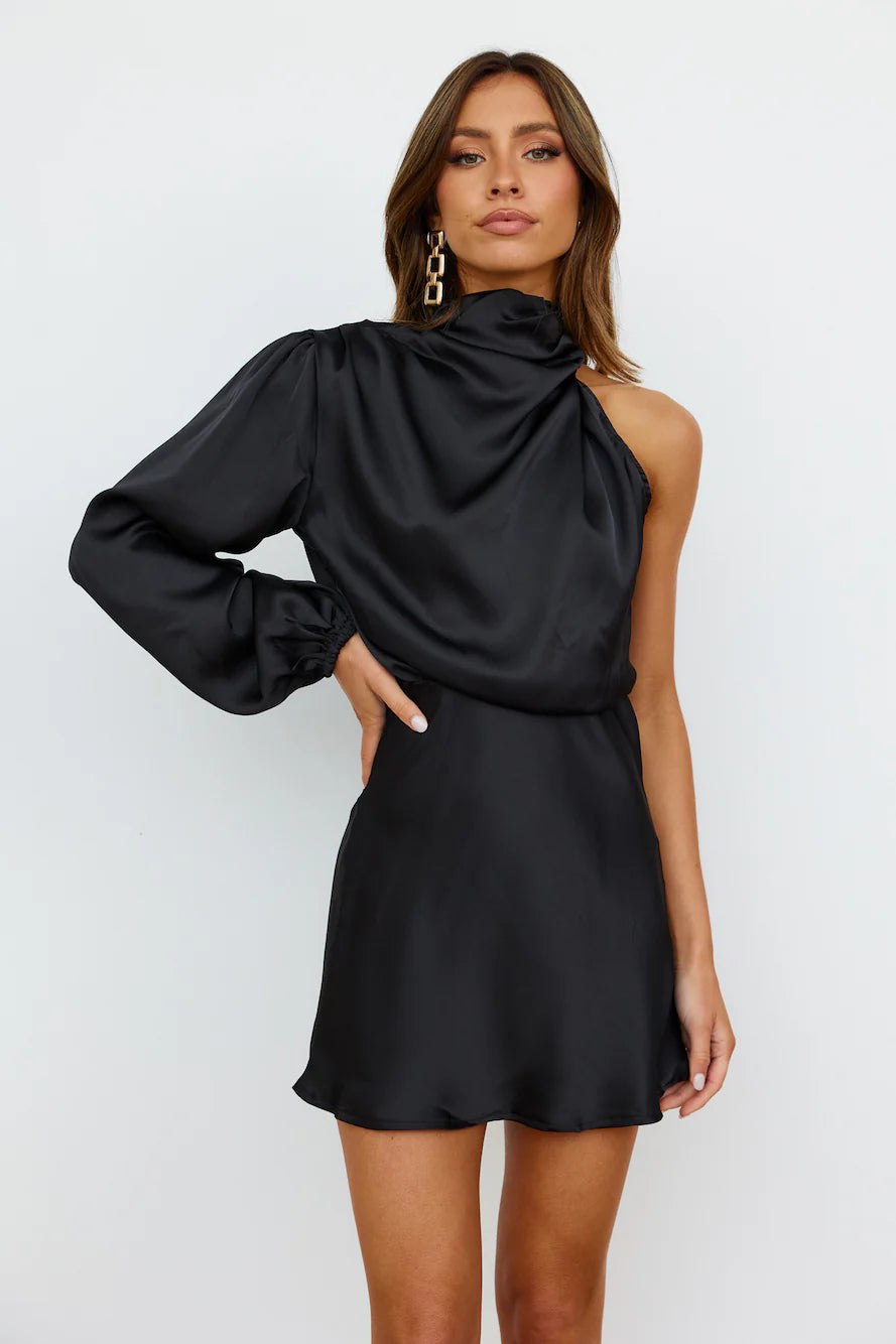 Glamorous Black Satin One-Shoulder Mini Dress with High Neck Draped Detail, Puffed Long Sleeve, Open Back Keyhole and Flowy Satin Skater Skirt