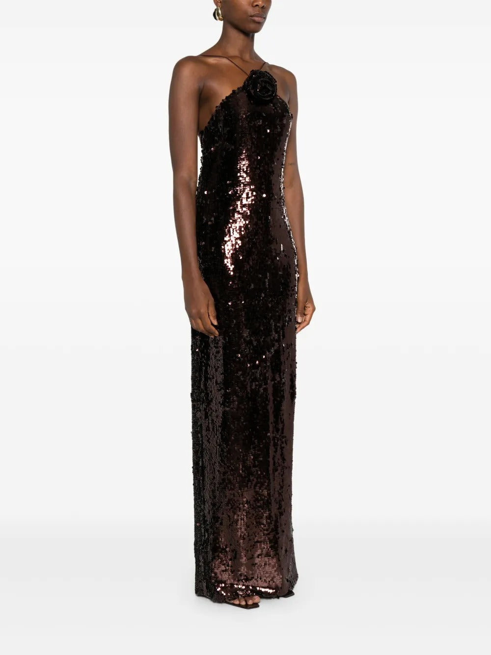 Glamorous Black Sequin Halter-Neck Floral-Appliqué Evening Dress