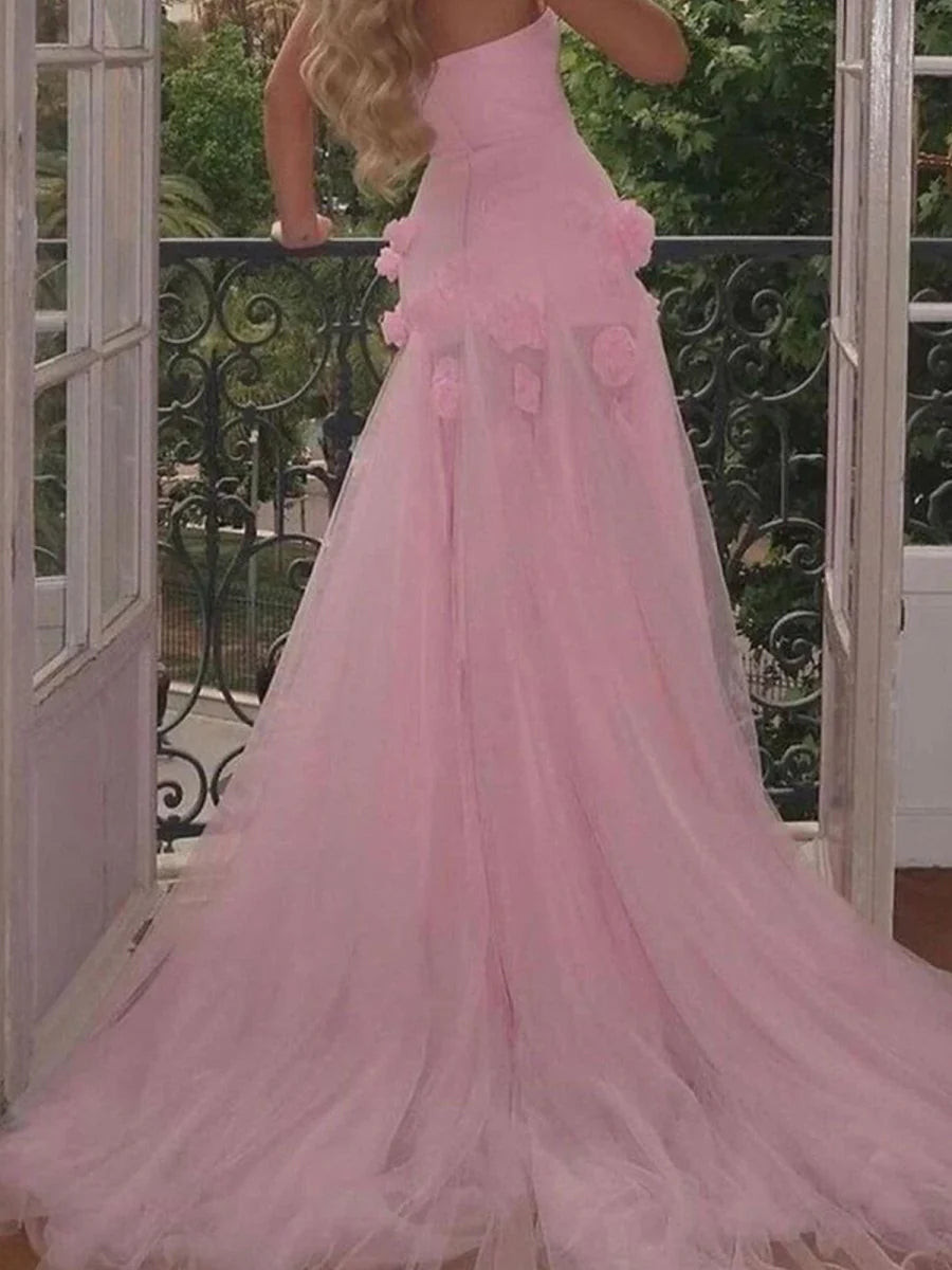 Glamorous Blush Pink Strapless Evening Gown with 3D Floral Appliqué, High Thigh Slit, Tulle Mermaid Skirt and Sweeping Train