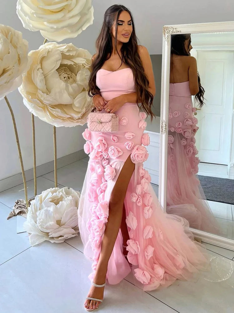 Glamorous Blush Pink Strapless Evening Gown with 3D Floral Appliqué, High Thigh Slit, Tulle Mermaid Skirt and Sweeping Train