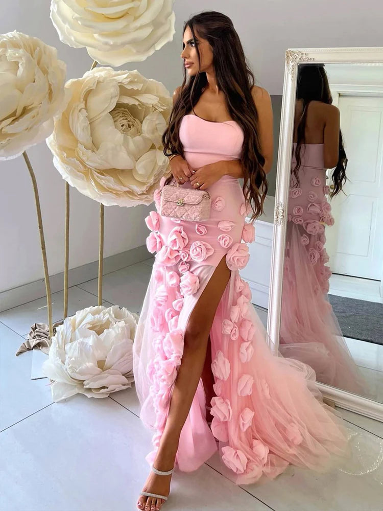 Glamorous Blush Pink Strapless Evening Gown with 3D Floral Appliqué, High Thigh Slit, Tulle Mermaid Skirt and Sweeping Train