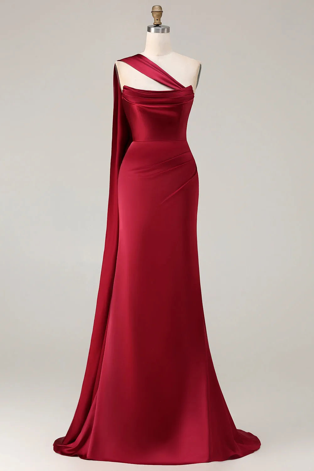 Glamorous Burgundy Mermaid Cowl-Neck Sleeveless Back Zip Floor-Length Ruched Satin Prom Dress Scarf