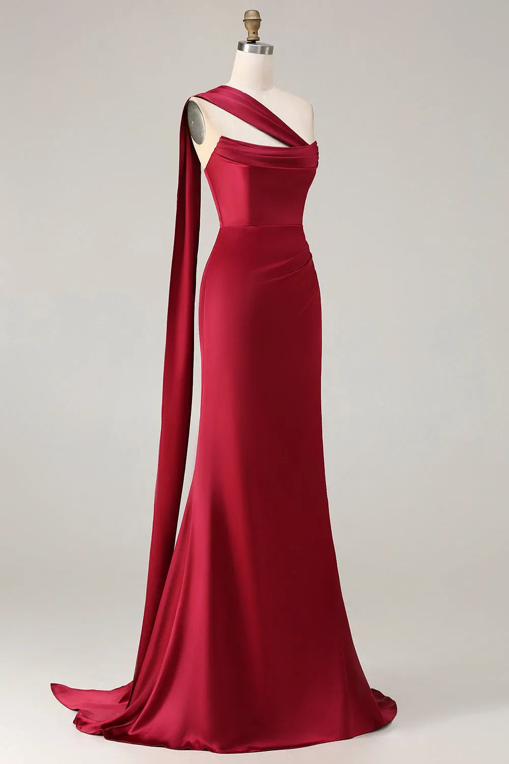 Glamorous Burgundy Mermaid Cowl-Neck Sleeveless Back Zip Floor-Length Ruched Satin Prom Dress Scarf