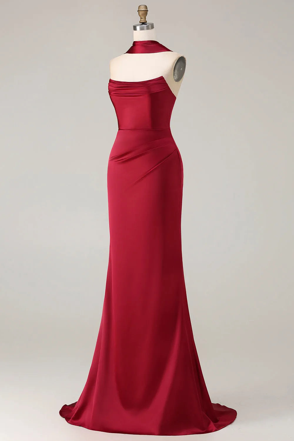 Glamorous Burgundy Mermaid Cowl-Neck Sleeveless Back Zip Floor-Length Ruched Satin Prom Dress Scarf