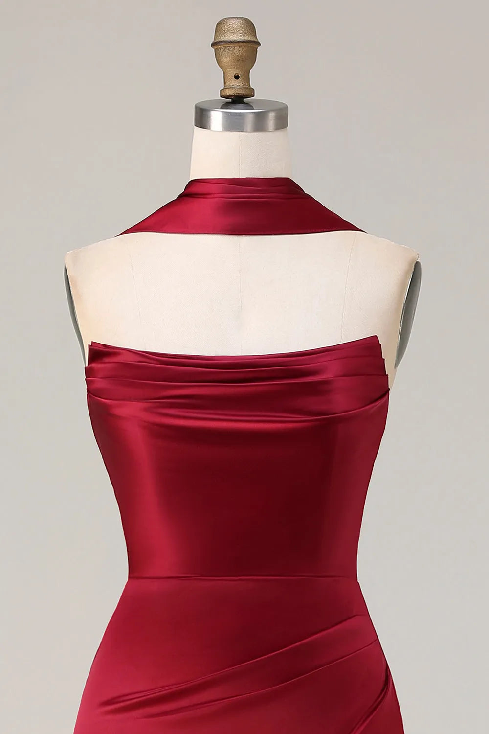 Glamorous Burgundy Mermaid Cowl-Neck Sleeveless Back Zip Floor-Length Ruched Satin Prom Dress Scarf
