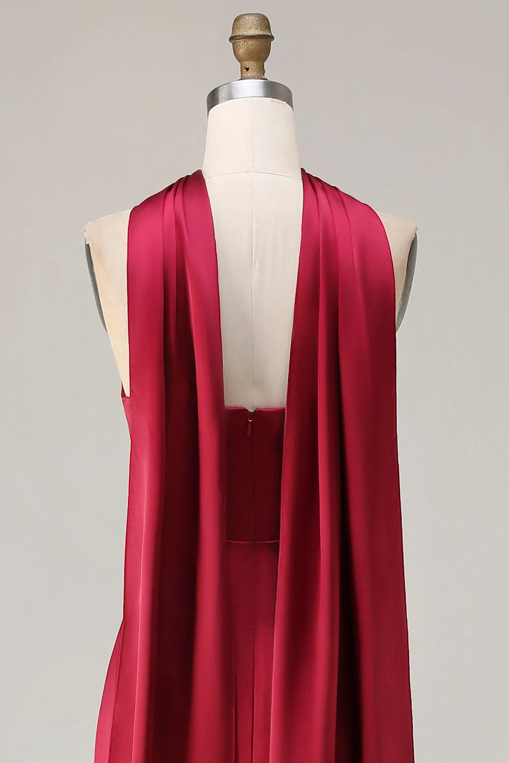 Glamorous Burgundy Mermaid Cowl-Neck Sleeveless Back Zip Floor-Length Ruched Satin Prom Dress Scarf