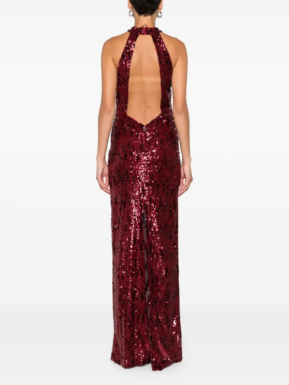 Glamorous Burgundy Sequin Halter-Neck Open-Back Evening Dress