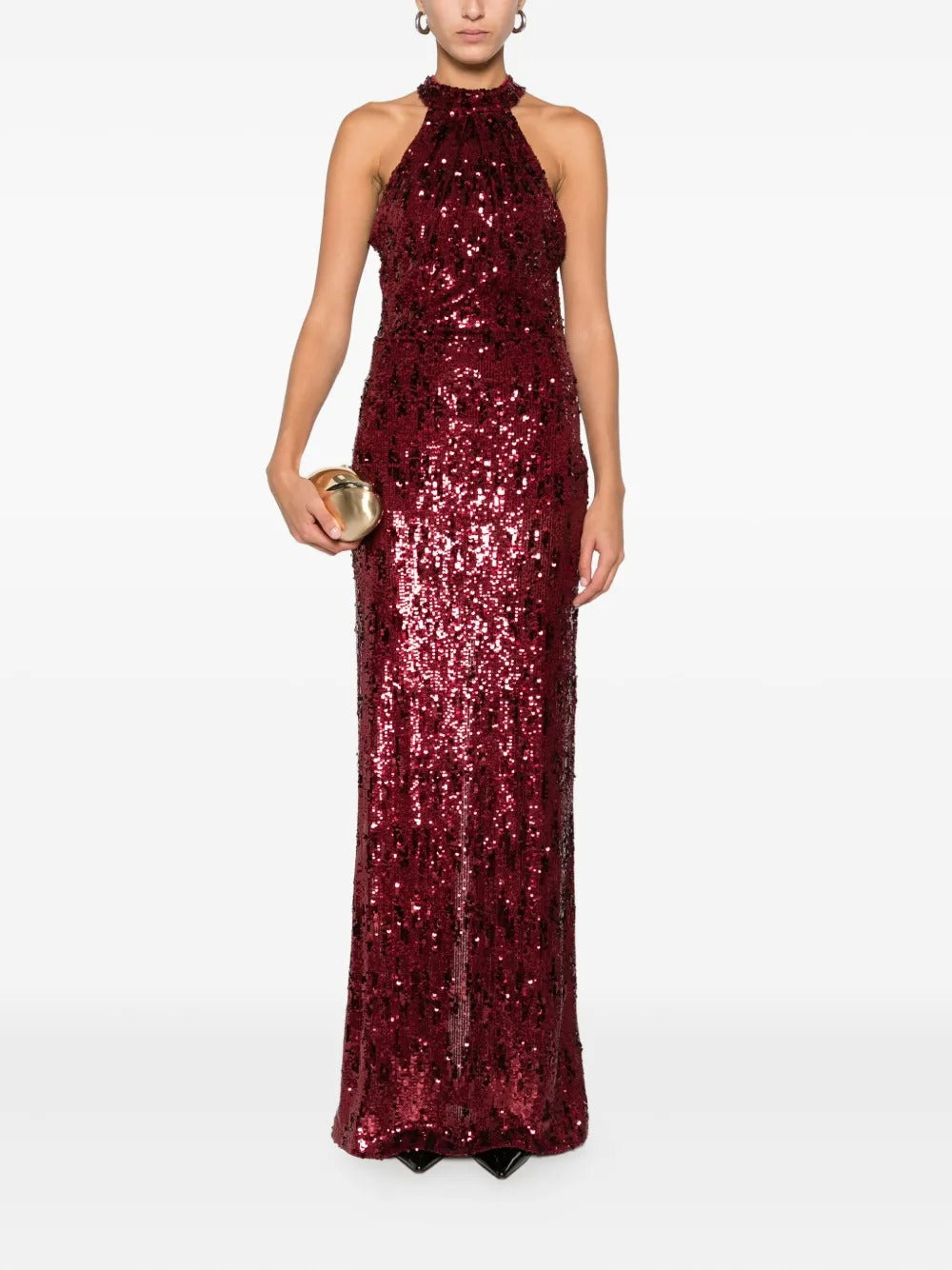 Glamorous Burgundy Sequin Halter-Neck Open-Back Evening Dress