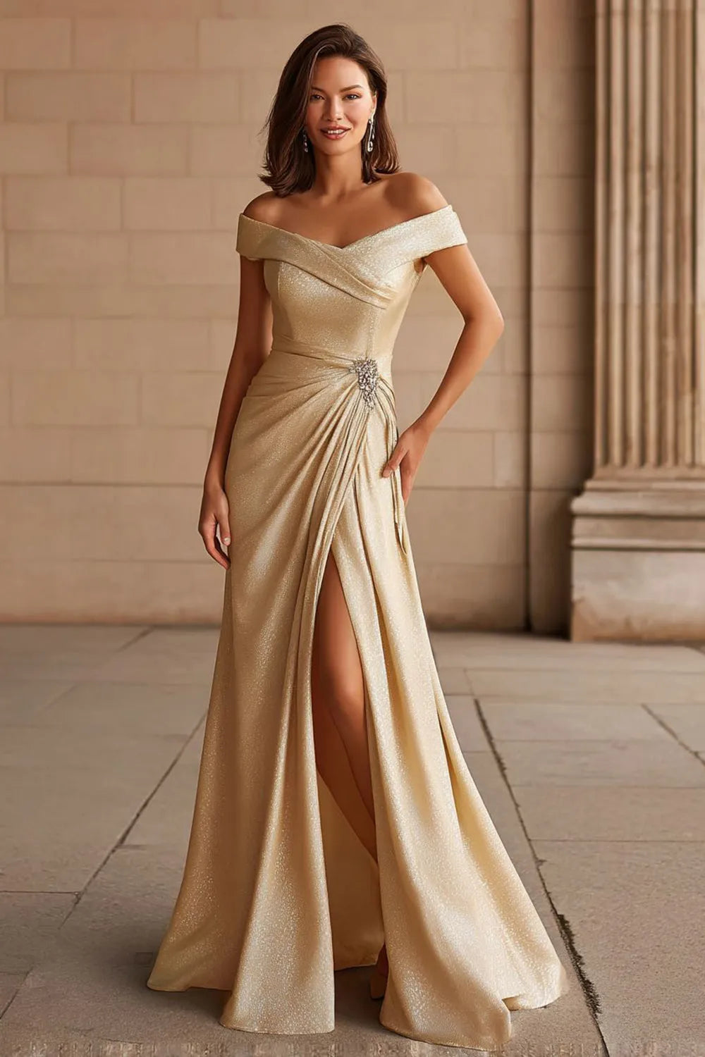 Glamorous Champagne Mermaid Off-Shoulder Sleeveless Ruched back Floor-Length Mother of the Bride Dress with Slit