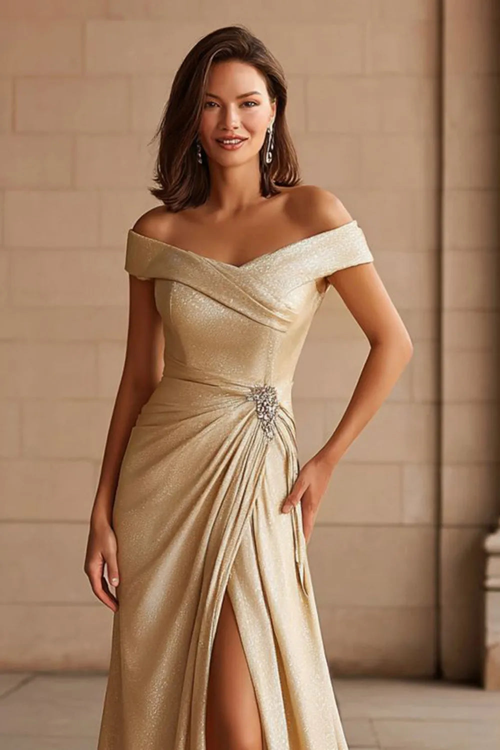 Glamorous Champagne Mermaid Off-Shoulder Sleeveless Ruched back Floor-Length Mother of the Bride Dress with Slit