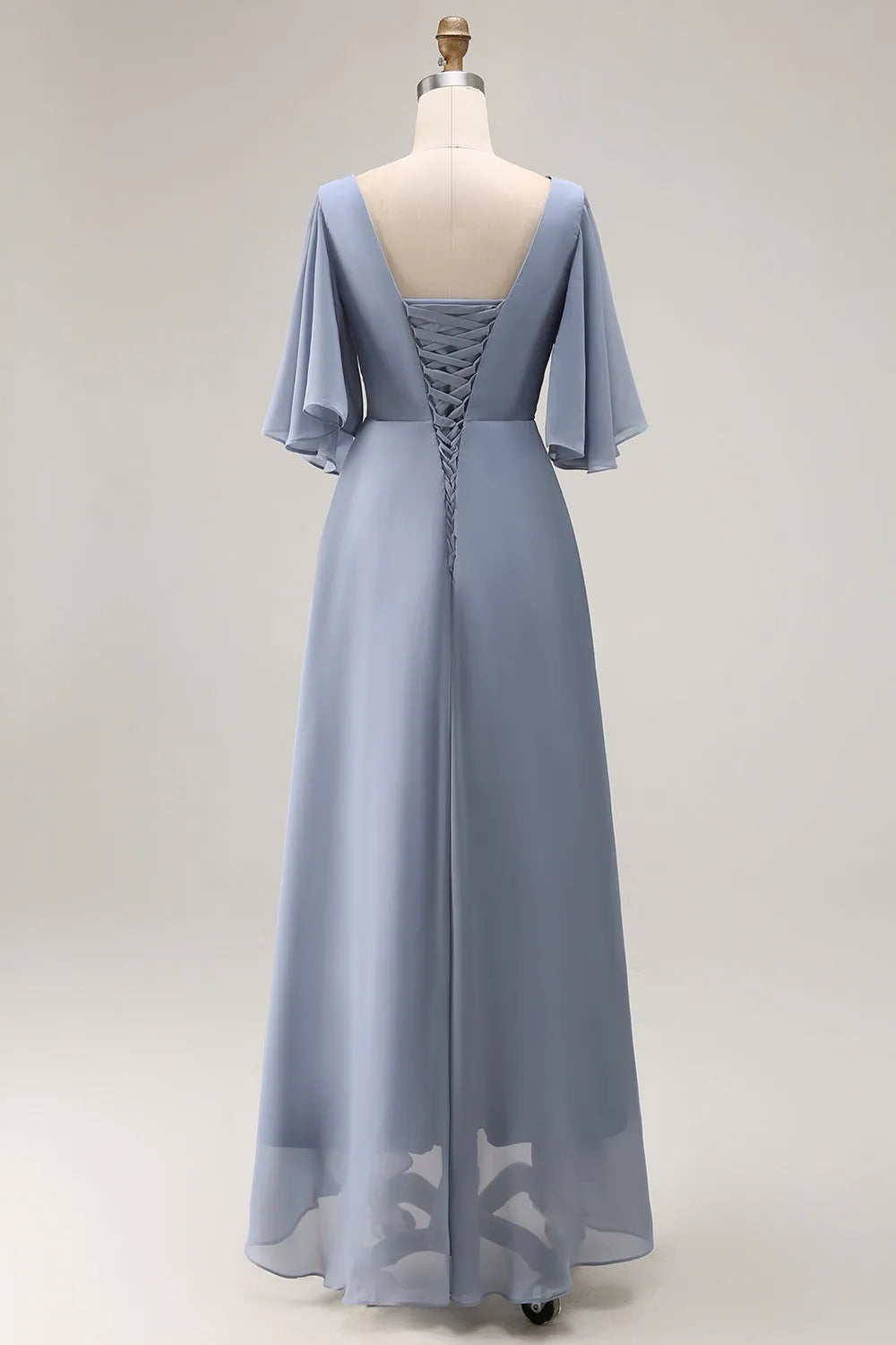 Glamorous Dusty Blue A-Line Deep V Neck Cape Sleeve Lace Up Floor-Length Mother Of The Bride Dresses
