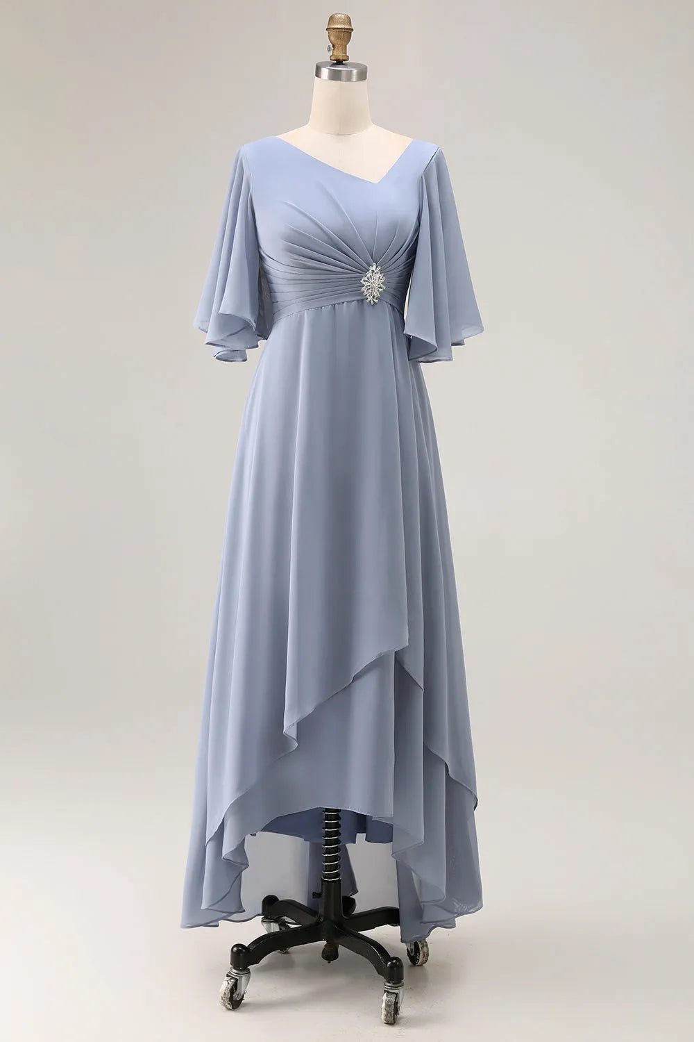 Glamorous Dusty Blue A-Line Deep V Neck Cape Sleeve Lace Up Floor-Length Mother Of The Bride Dresses