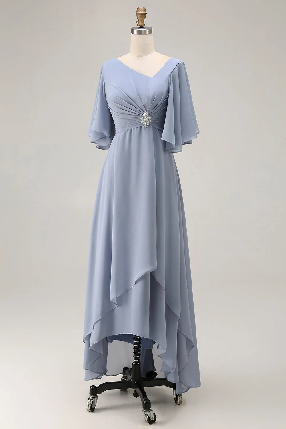 Glamorous Dusty Blue A-Line Deep V Neck Cape Sleeve Lace Up Floor-Length Mother Of The Bride Dresses