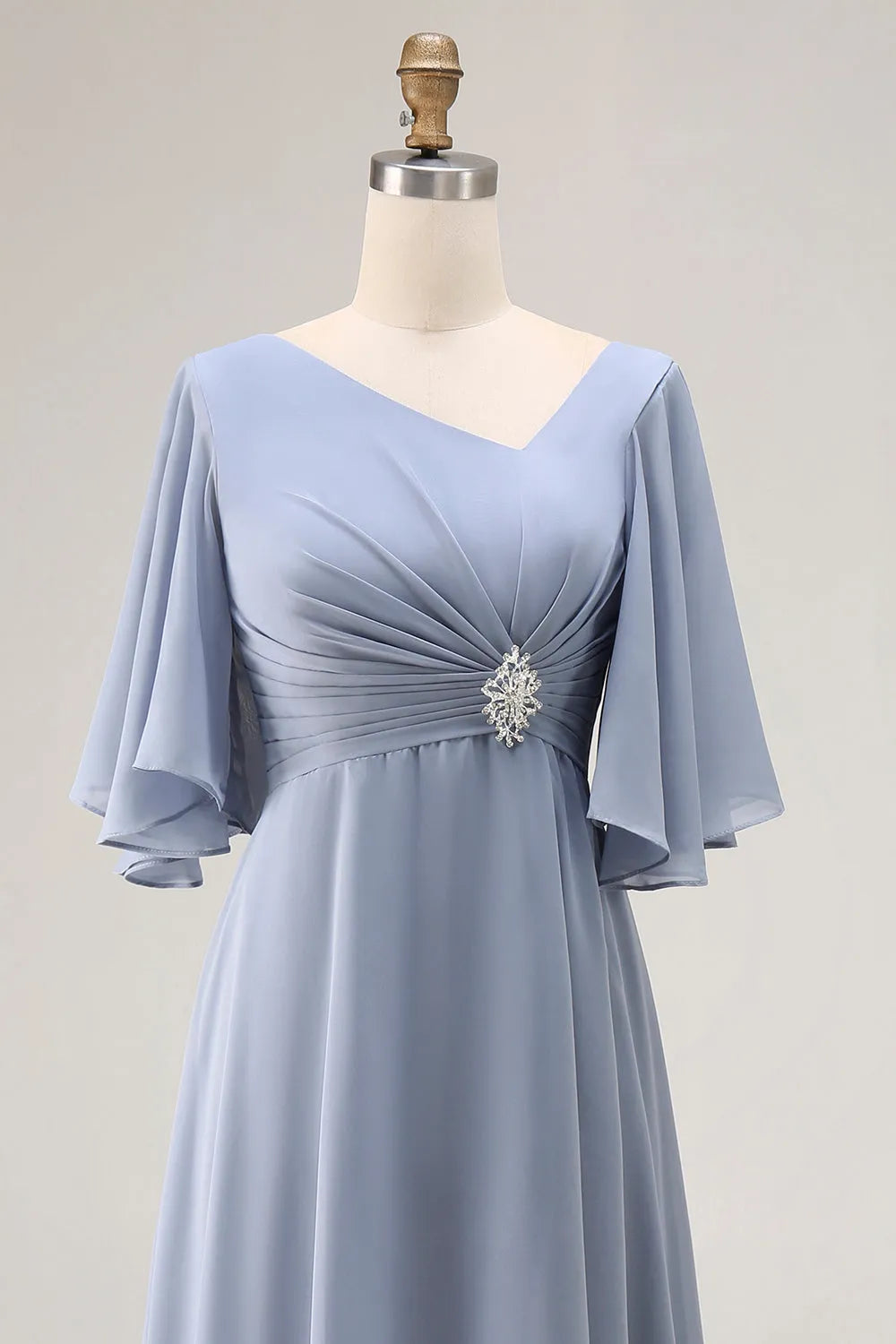 Glamorous Dusty Blue A-Line Deep V Neck Cape Sleeve Lace Up Floor-Length Mother Of The Bride Dresses