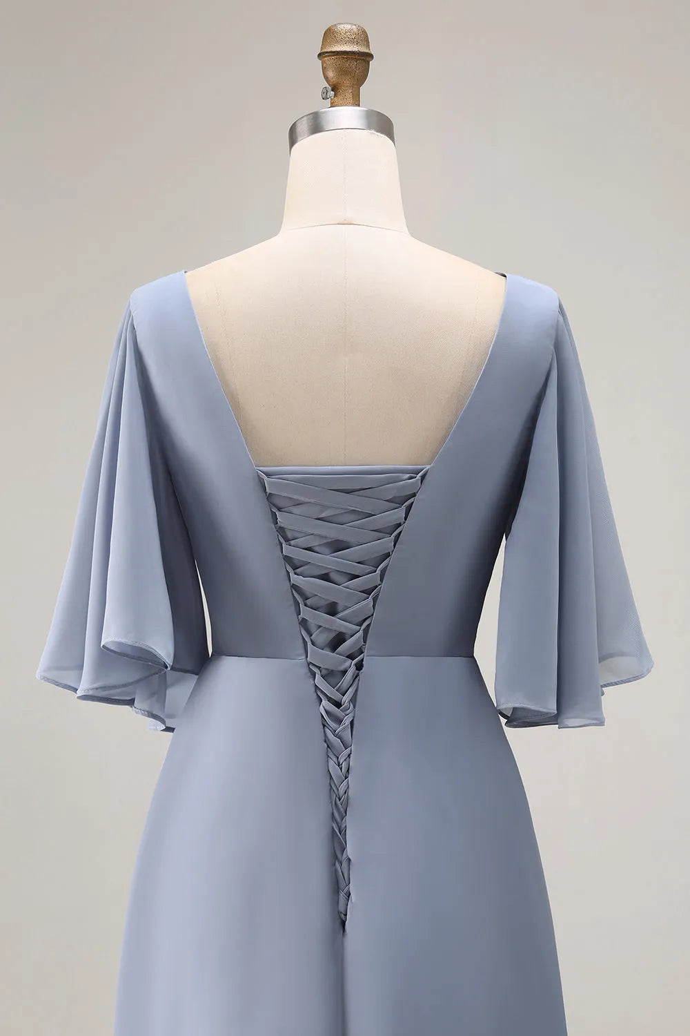 Glamorous Dusty Blue A-Line Deep V Neck Cape Sleeve Lace Up Floor-Length Mother Of The Bride Dresses