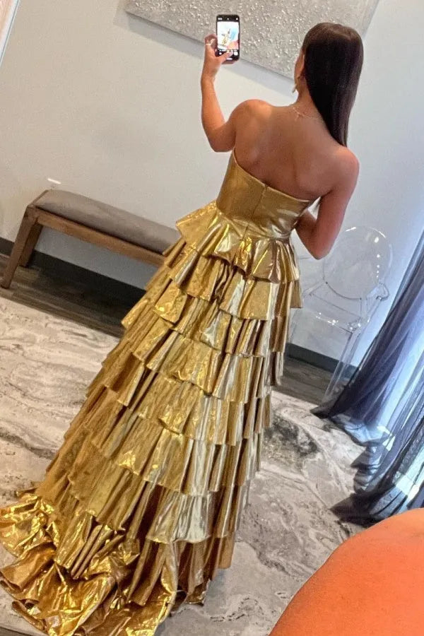 Glamorous Gold A-Line Sweetheart Neck Tiered Sleeveless Back Zip Floor-Length Prom Dress Hot Sale