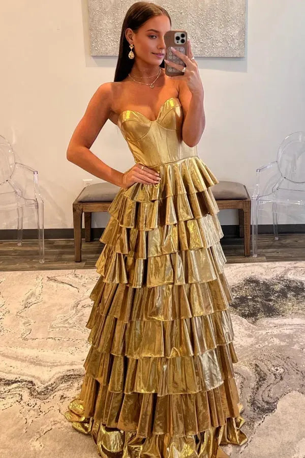 Glamorous Gold A-Line Sweetheart Neck Tiered Sleeveless Back Zip Floor-Length Prom Dress Hot Sale