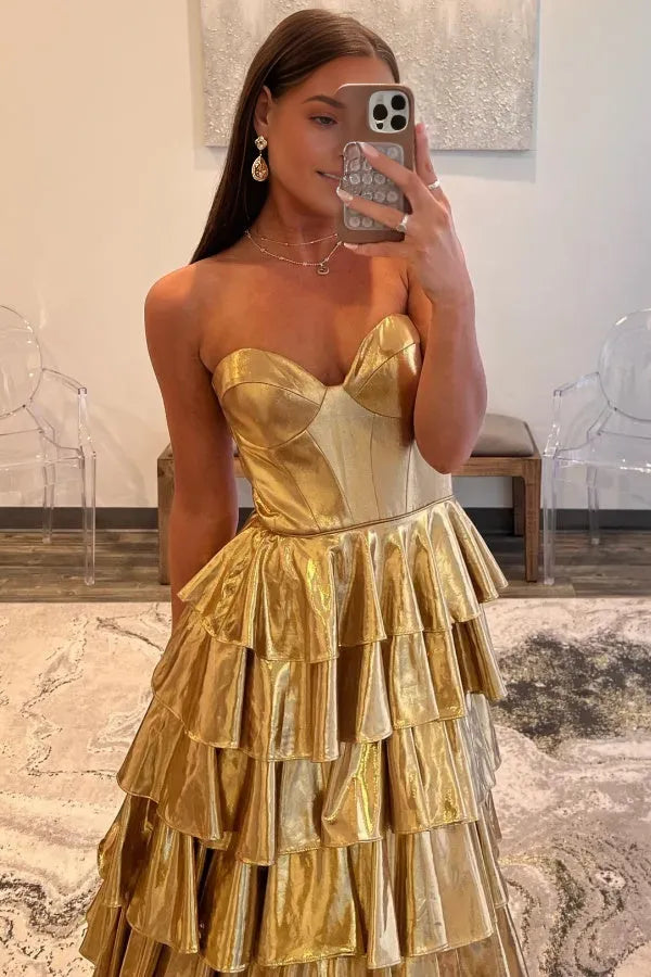 Glamorous Gold A-Line Sweetheart Neck Tiered Sleeveless Back Zip Floor-Length Prom Dress Hot Sale