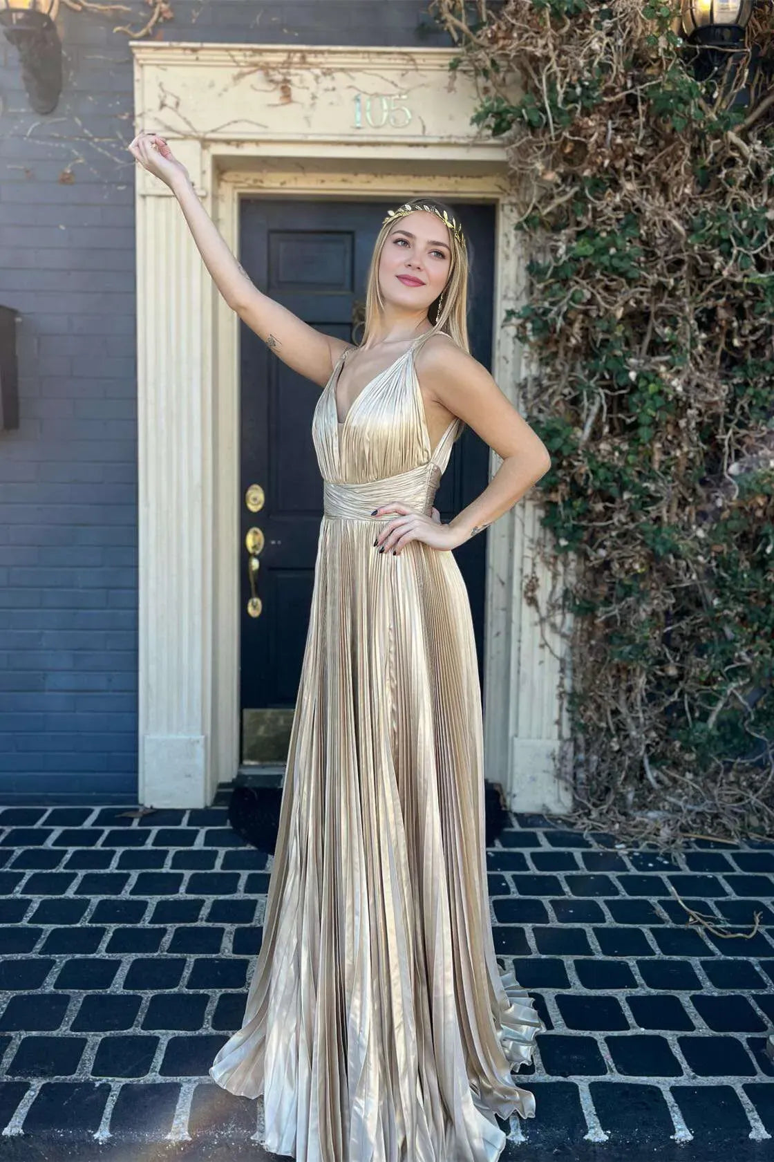Glamorous Gold A-line Plunge Neck Sleeveless Pleated Satin V back Back Zip Floor-Length Prom Dresses Hot Sale