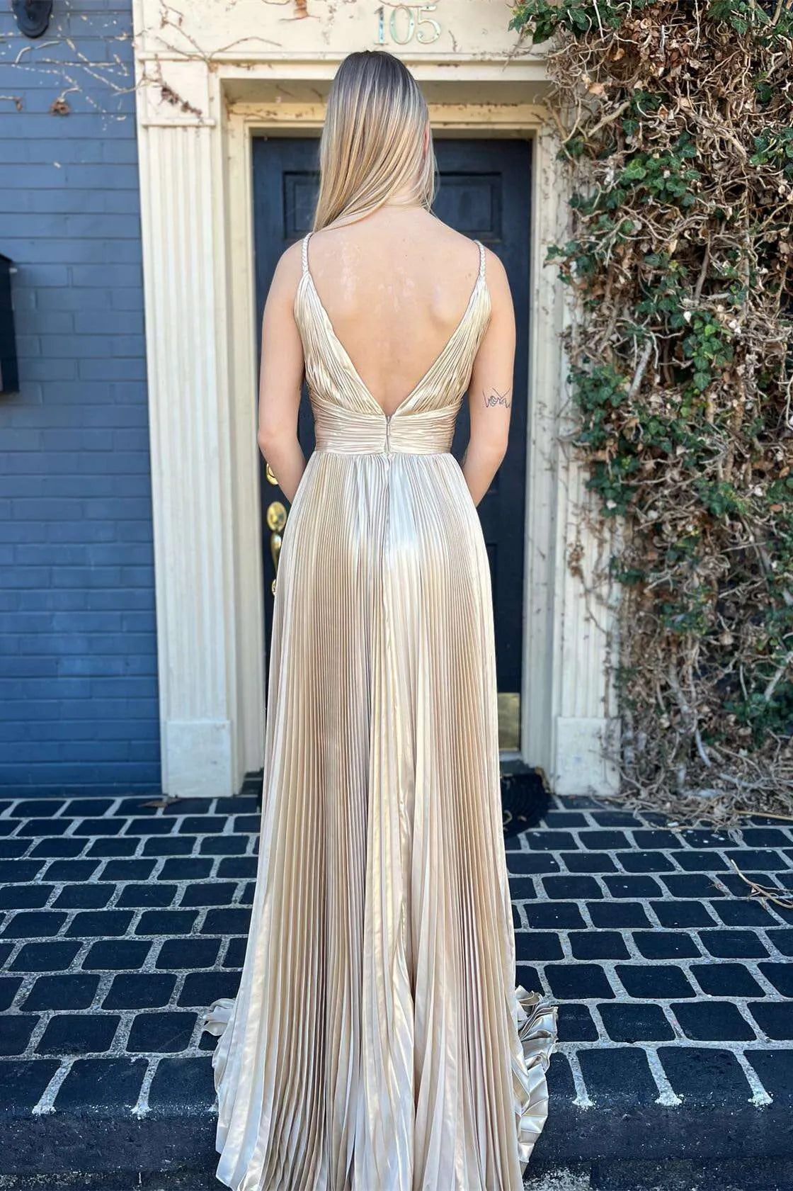 Glamorous Gold A-line Plunge Neck Sleeveless Pleated Satin V back Back Zip Floor-Length Prom Dresses Hot Sale
