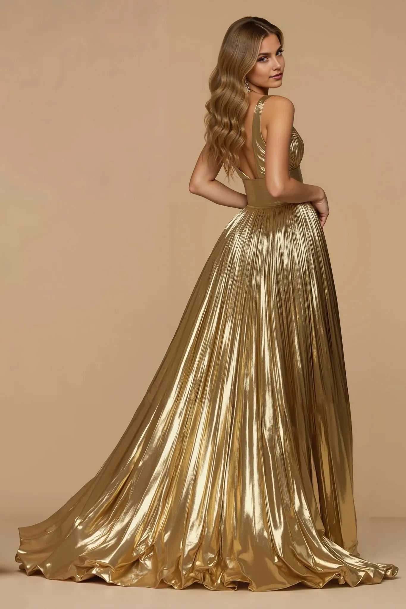 Glamorous Gold A Line Plunging V-Neck Sleeveless V back Floor-Length Pleated Metallic Prom Dress with Slit