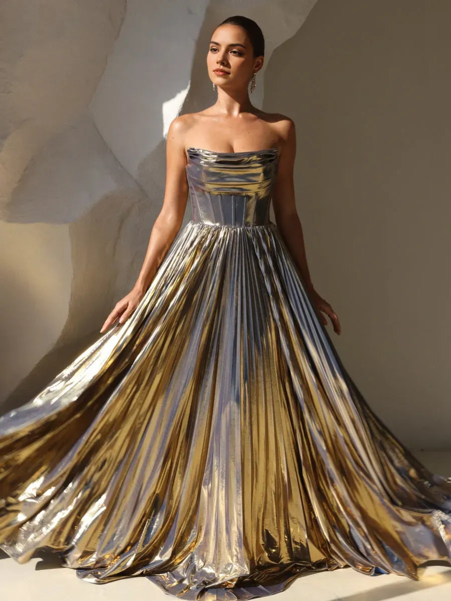 Glamorous Gold A Line Strapless Sleeveless Pleated Metallic Back Zip Floor Length Formal Prom Dresses