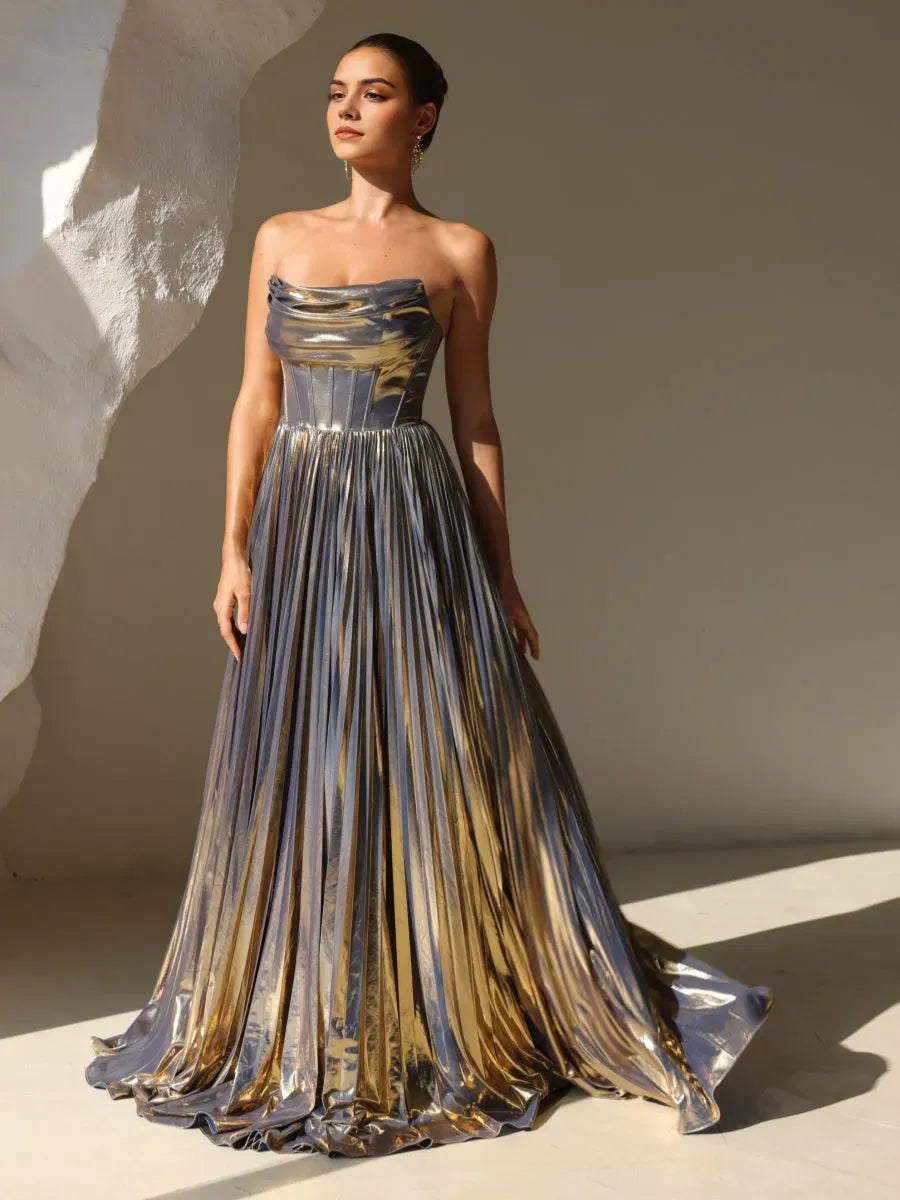 Glamorous Gold A Line Strapless Sleeveless Pleated Metallic Back Zip Floor Length Formal Prom Dresses