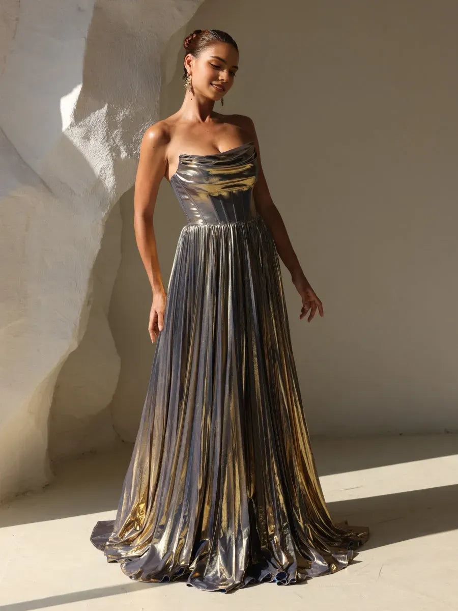 Glamorous Gold A Line Strapless Sleeveless Pleated Metallic Back Zip Floor Length Formal Prom Dresses