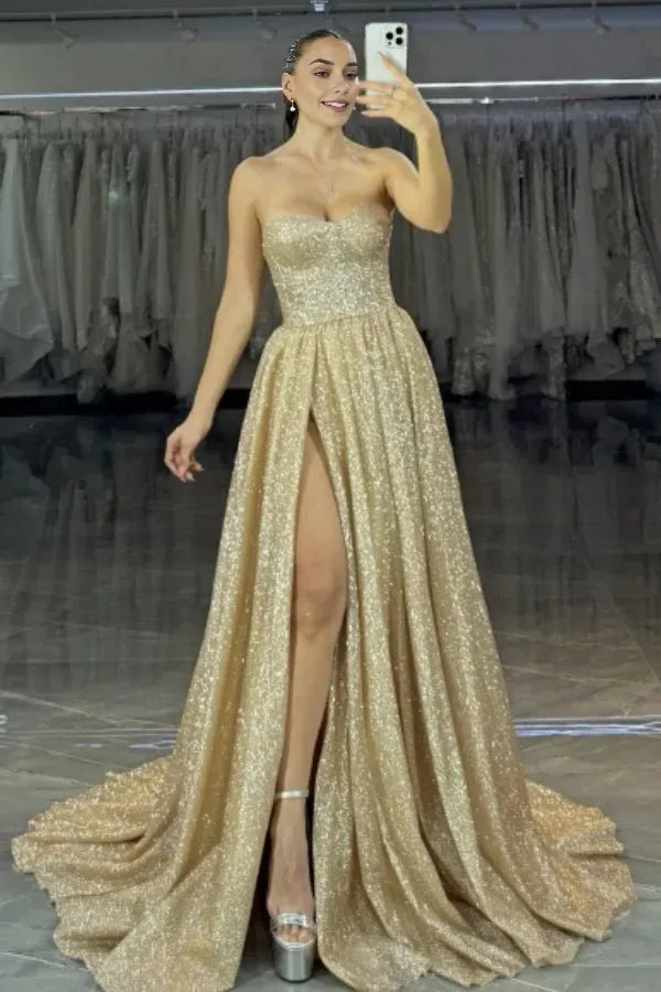 Glamorous Gold Glitter A-Line Strapless Sleeveless Lace Up Prom Dress with High Side Slit and Train