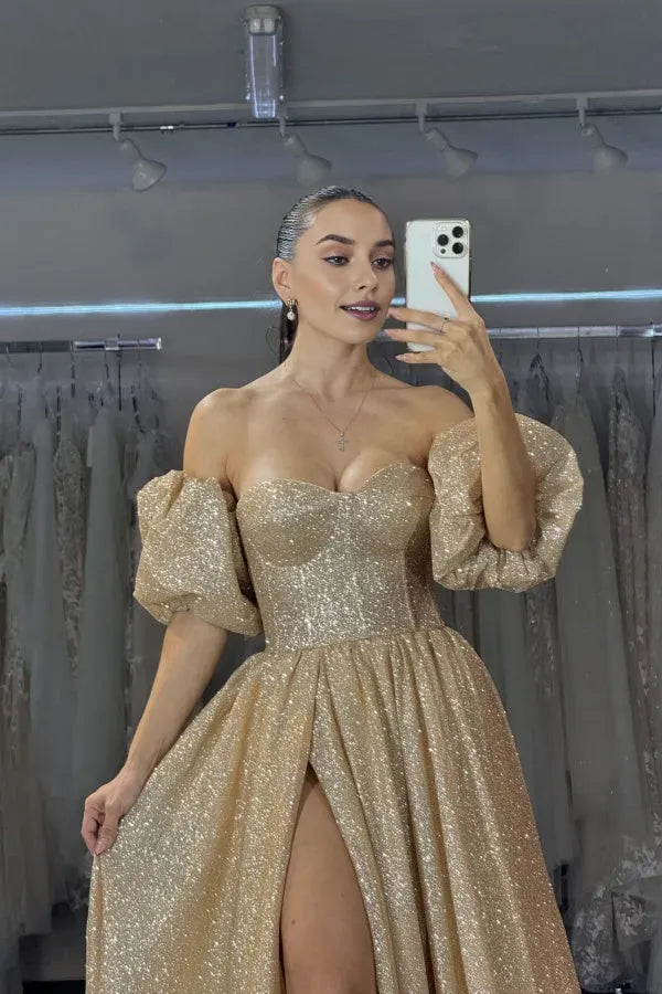 Glamorous Gold Glitter A-Line Strapless Sleeveless Lace Up Prom Dress with High Side Slit and Train