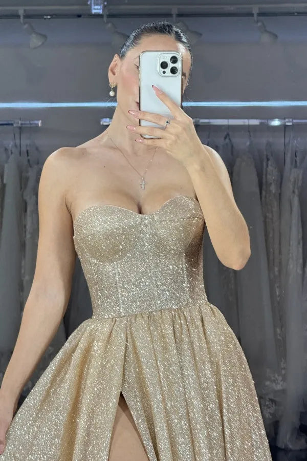 Glamorous Gold Glitter A-Line Strapless Sleeveless Lace Up Prom Dress with High Side Slit and Train