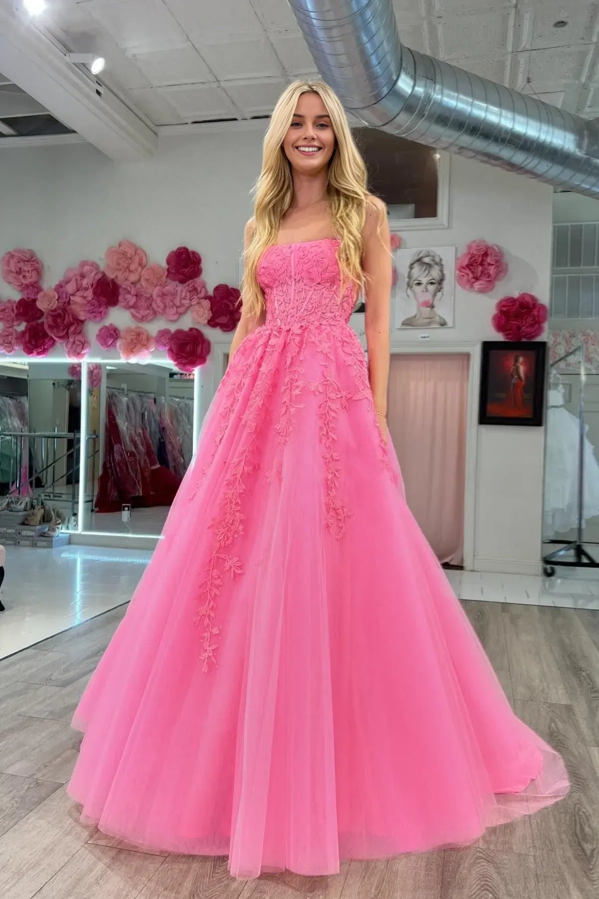 Glamorous Hot Pink A-line Strapless Sleeveless Lace Appliques Tulle Embroidered Open-Back Back Zip Floor-Length Prom Dress
