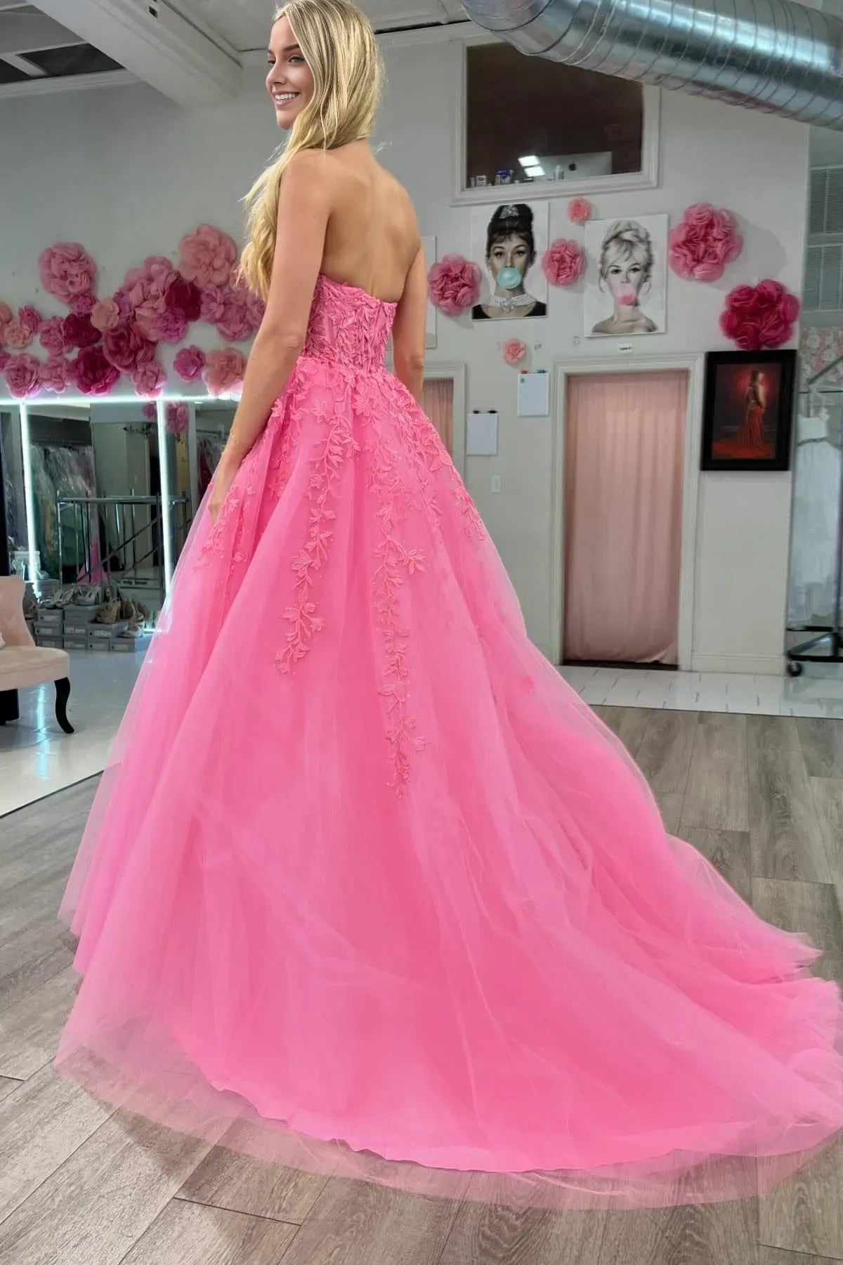 Glamorous Hot Pink A-line Strapless Sleeveless Lace Appliques Tulle Embroidered Open-Back Back Zip Floor-Length Prom Dress