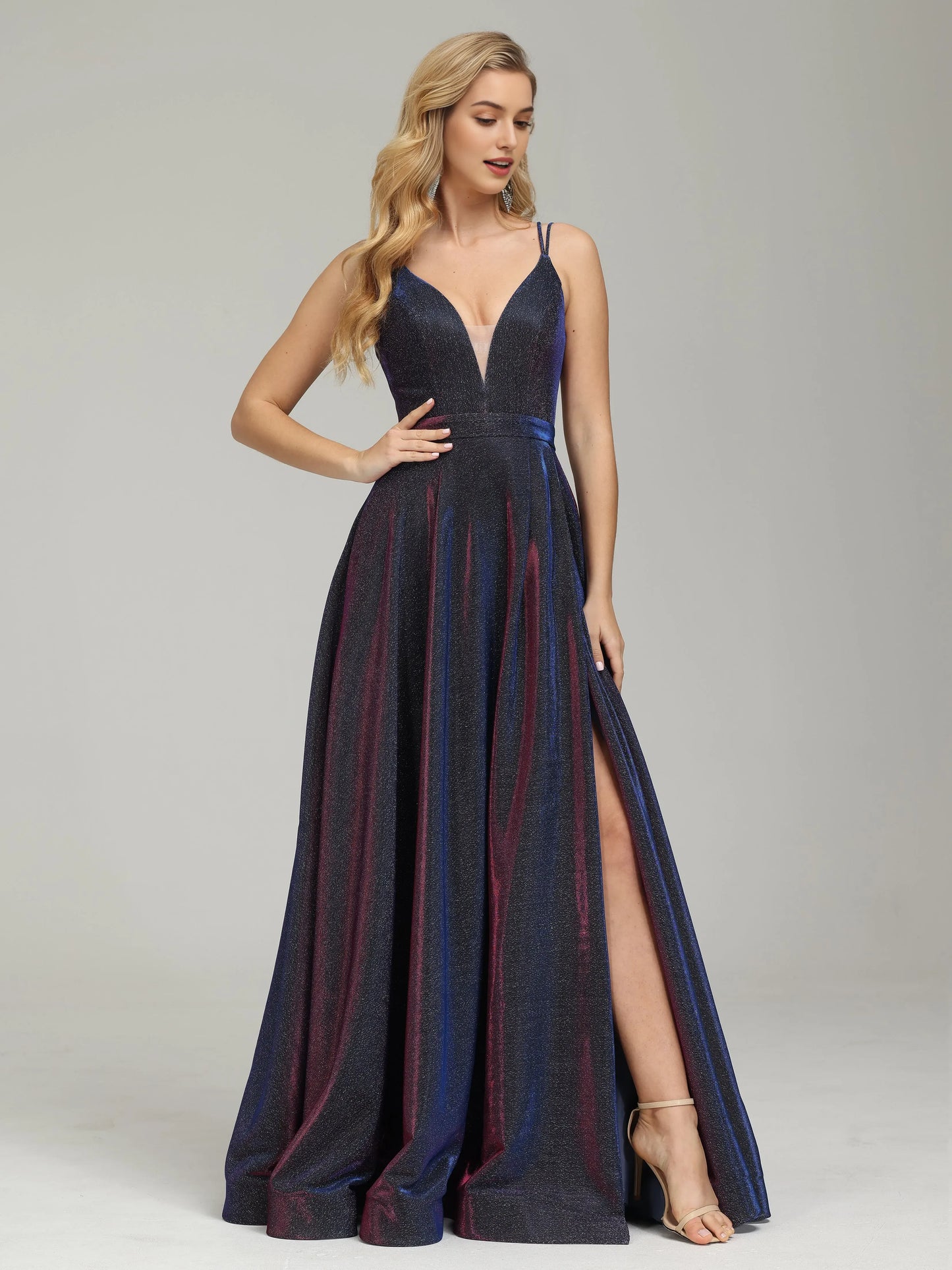 Glamorous Iridescent  Shimmer Prom Dress with Spaghetti Straps Deep V - Neck and High Side Slit