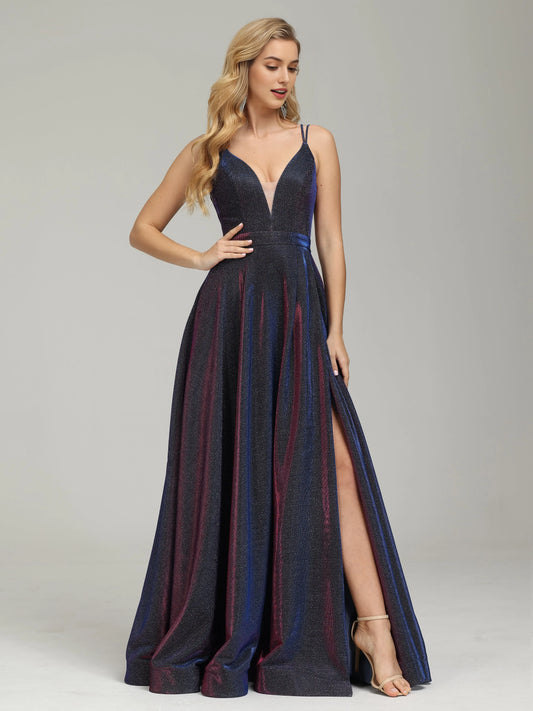 Glamorous Iridescent  Shimmer Prom Dress with Spaghetti Straps Deep V - Neck and High Side Slit