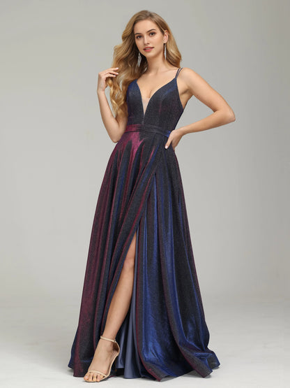 Glamorous Iridescent  Shimmer Prom Dress with Spaghetti Straps Deep V - Neck and High Side Slit