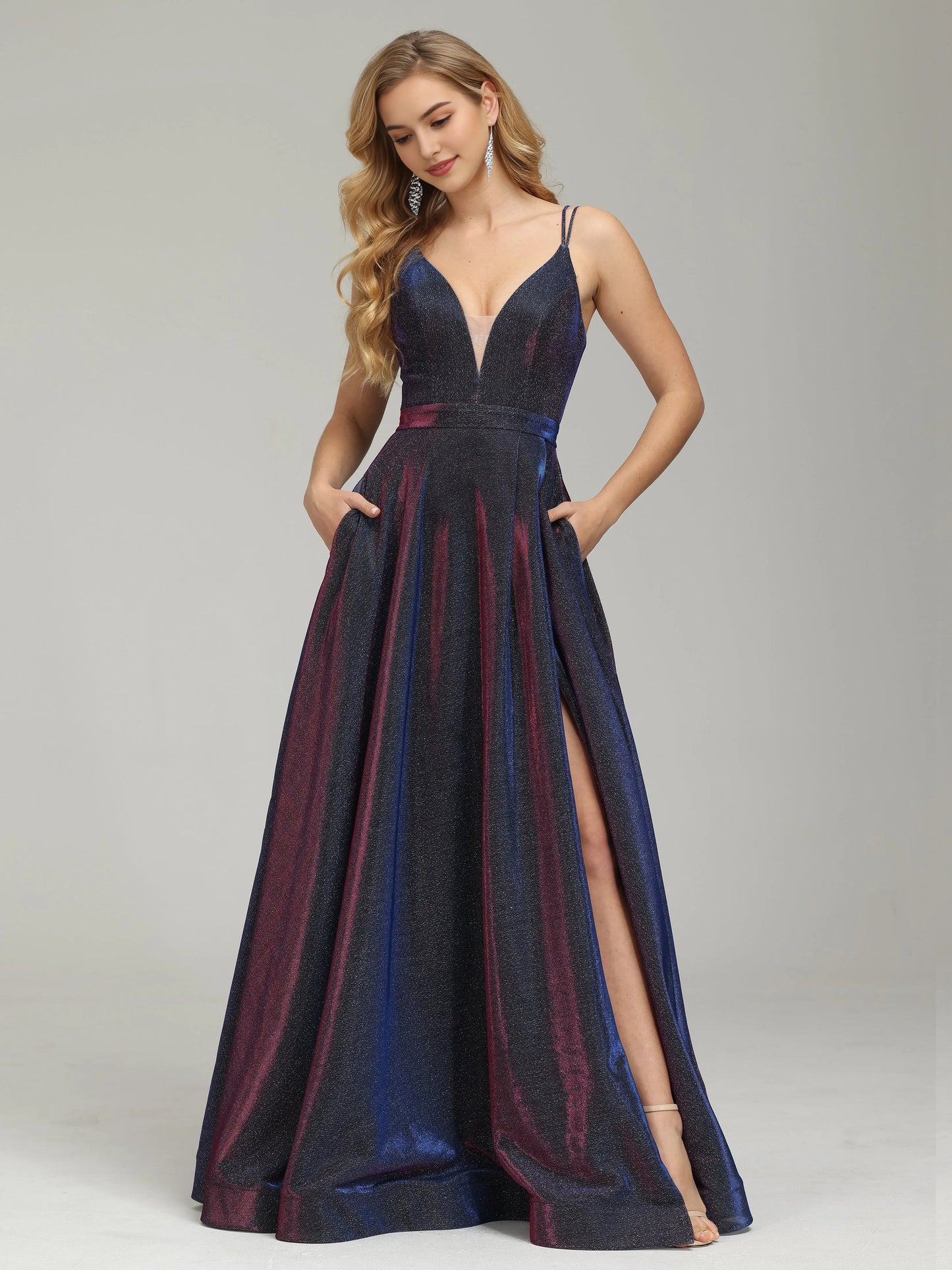 Glamorous Iridescent  Shimmer Prom Dress with Spaghetti Straps Deep V - Neck and High Side Slit