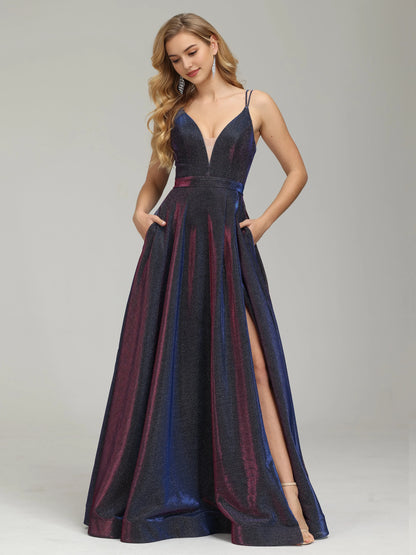 Glamorous Iridescent  Shimmer Prom Dress with Spaghetti Straps Deep V - Neck and High Side Slit