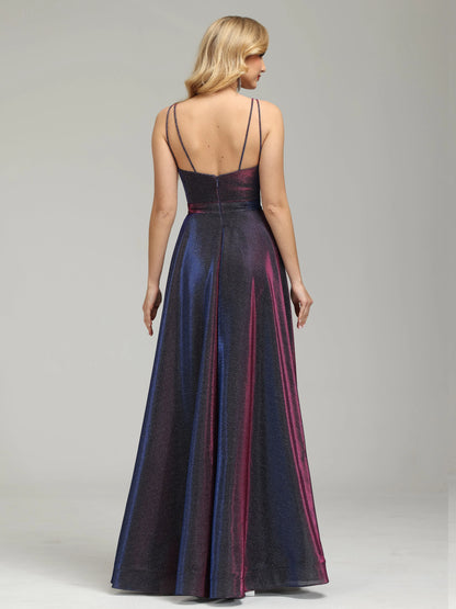 Glamorous Iridescent  Shimmer Prom Dress with Spaghetti Straps Deep V - Neck and High Side Slit