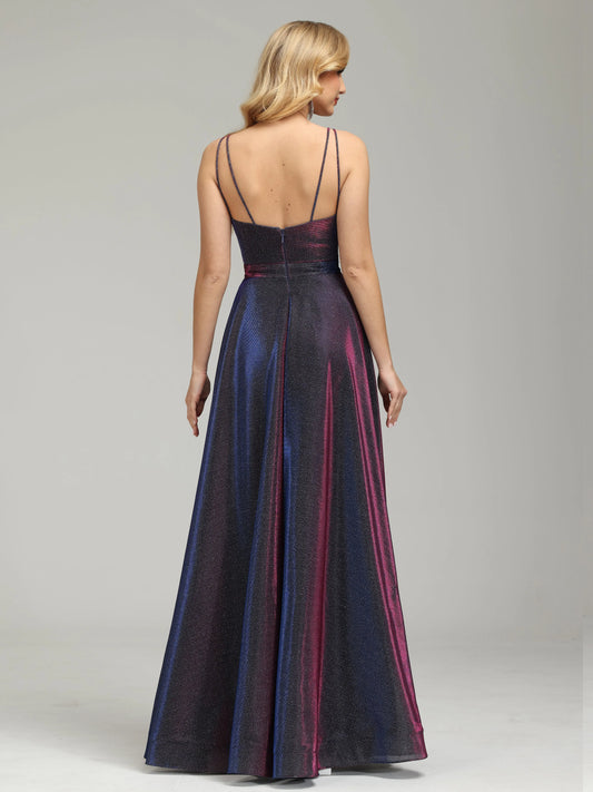 Glamorous Iridescent  Shimmer Prom Dress with Spaghetti Straps Deep V - Neck and High Side Slit
