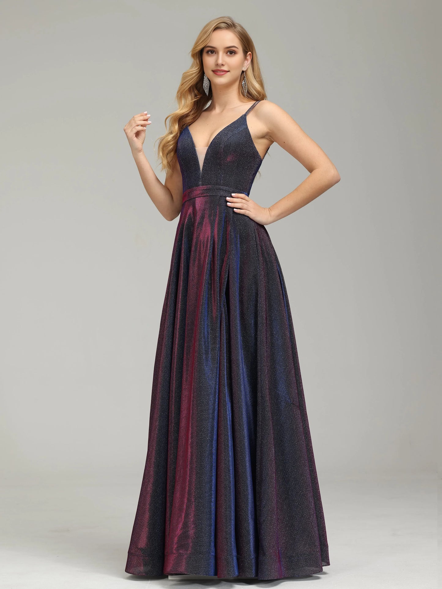Glamorous Iridescent  Shimmer Prom Dress with Spaghetti Straps Deep V - Neck and High Side Slit