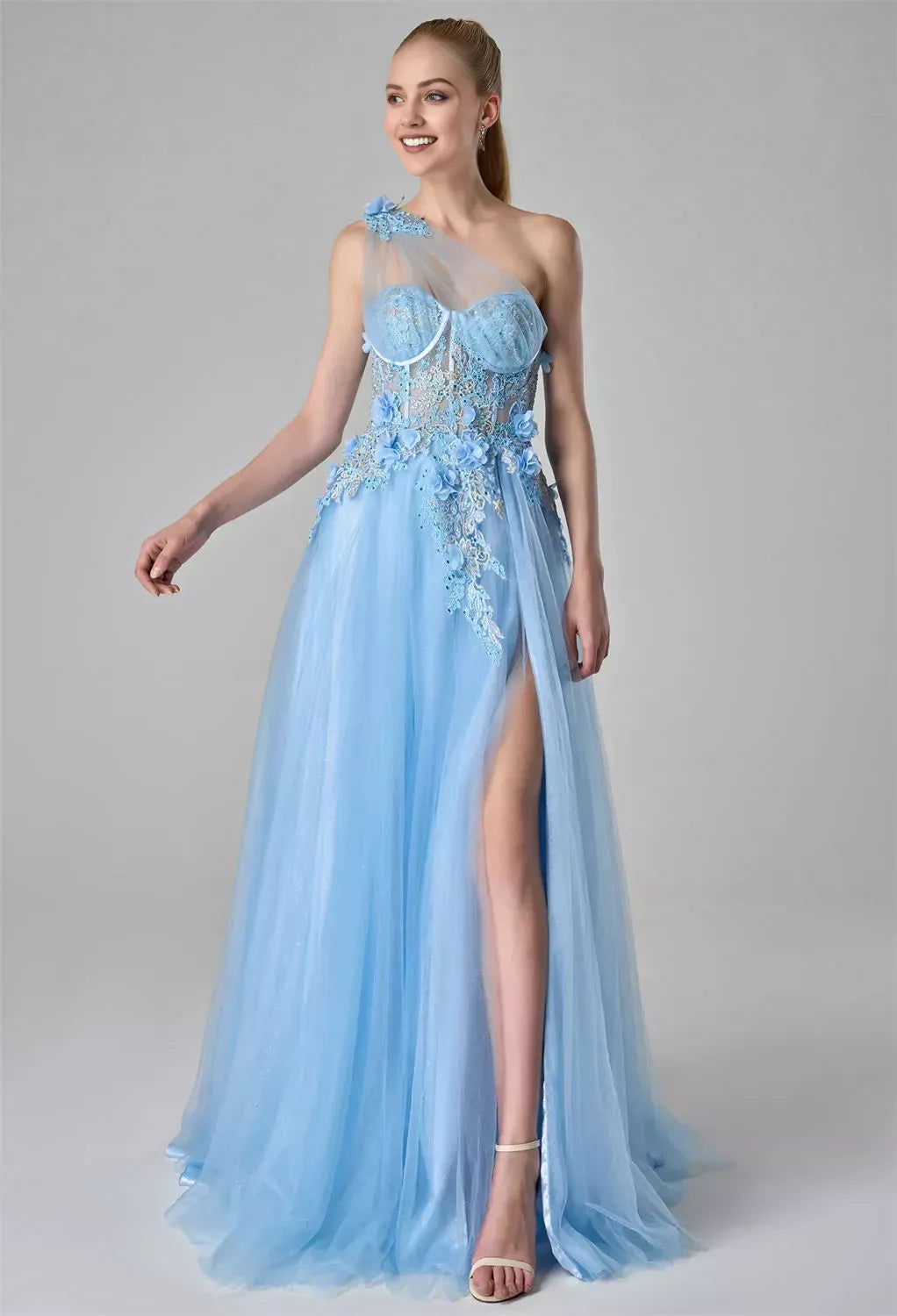 Glamorous Light Blue A-Line One-Shoulder Sleeveless Back Zip Tulle Floor Length Prom Dresses with Slit