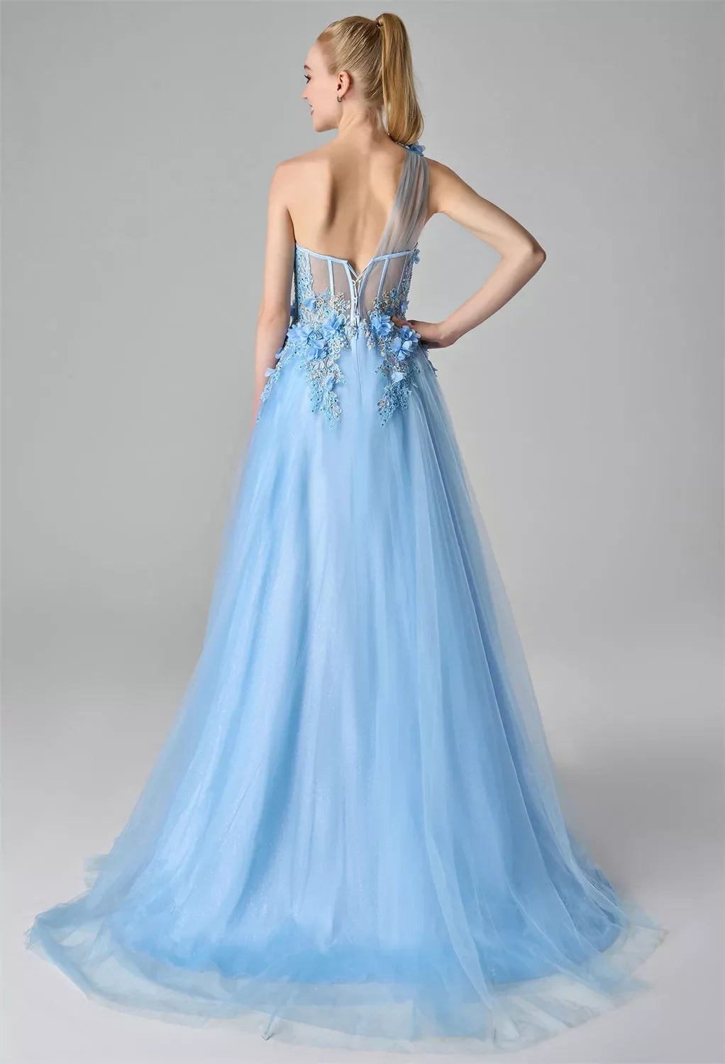Glamorous Light Blue A-Line One-Shoulder Sleeveless Back Zip Tulle Floor Length Prom Dresses with Slit
