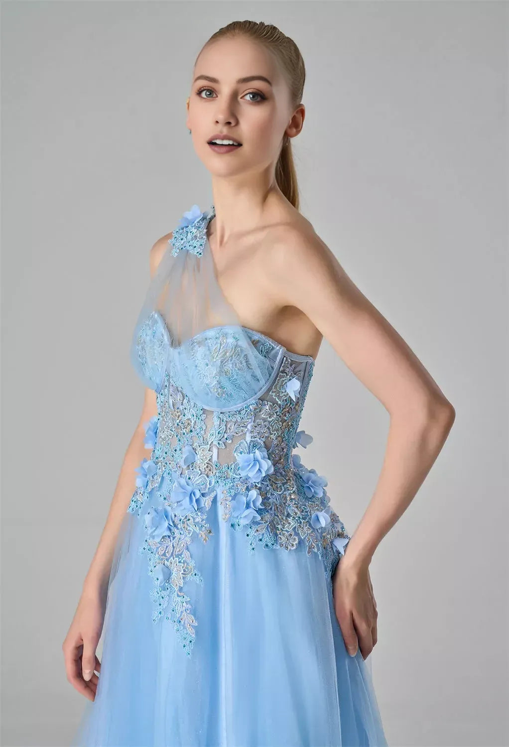 Glamorous Light Blue A-Line One-Shoulder Sleeveless Back Zip Tulle Floor Length Prom Dresses with Slit