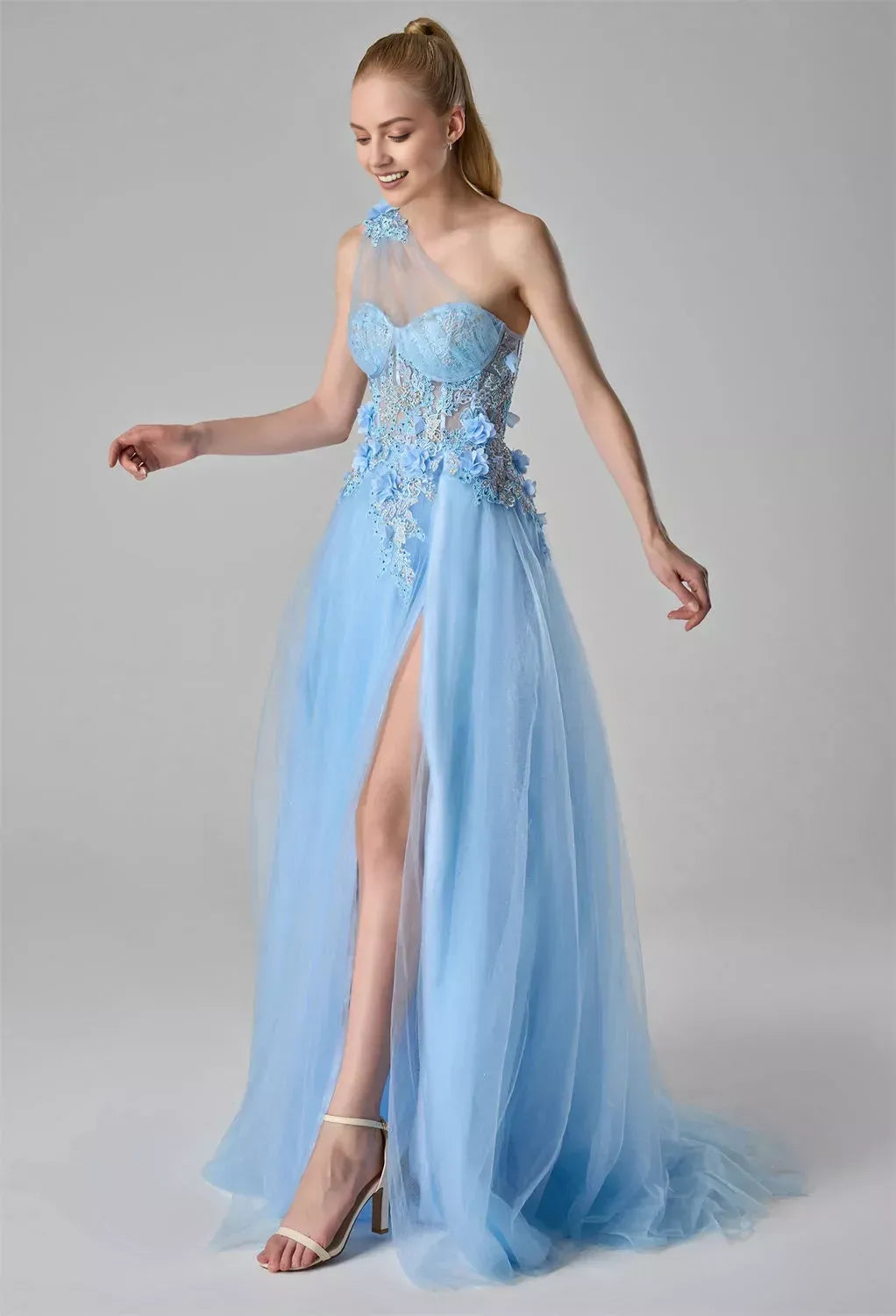 Glamorous Light Blue A-Line One-Shoulder Sleeveless Back Zip Tulle Floor Length Prom Dresses with Slit