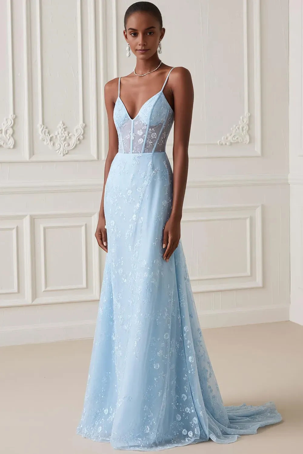 Glamorous Light Blue Mermaid Plunging V-Neck Spaghetti-Straps Floral Embroidered Open-Back Floor-Length Prom Dress