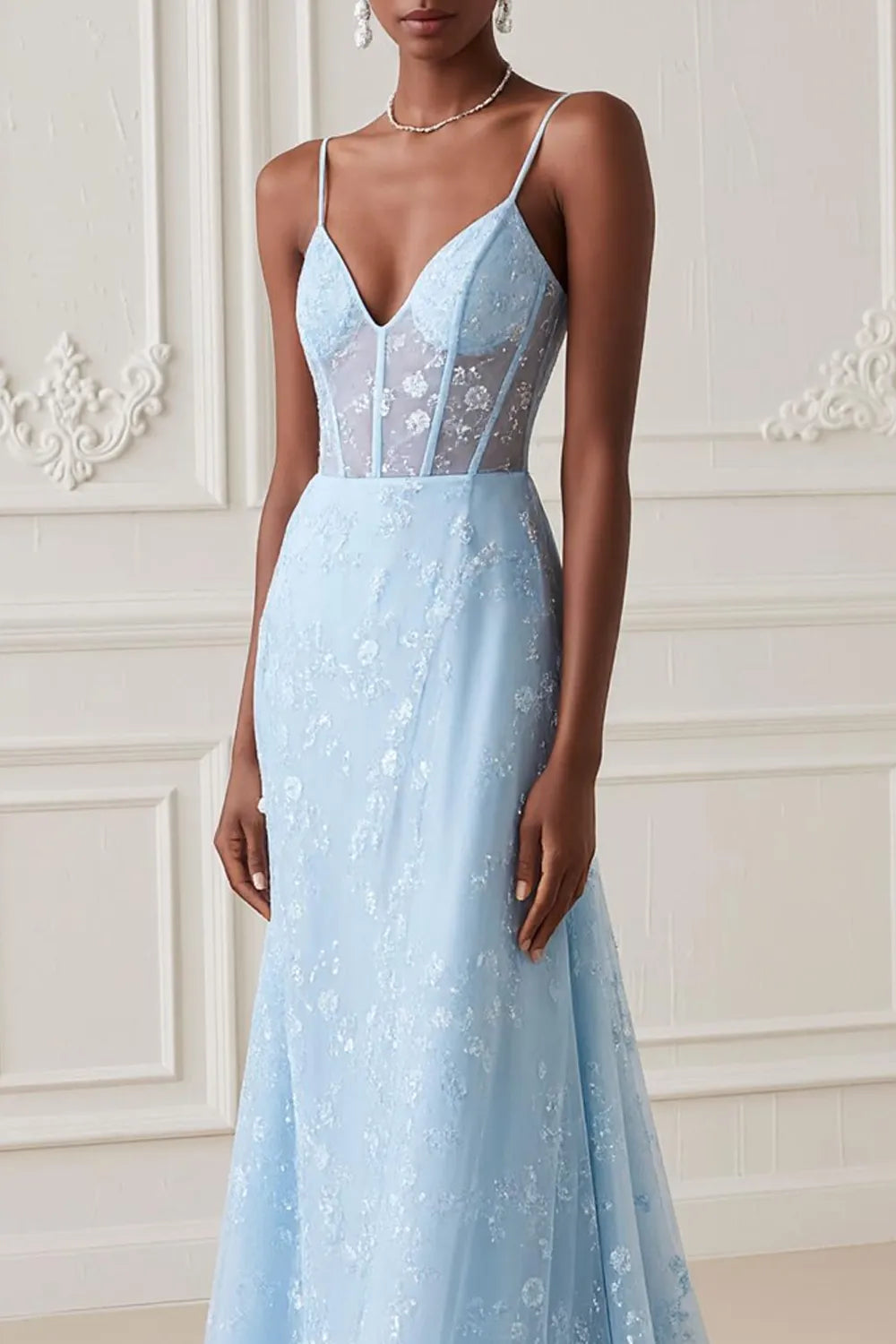 Glamorous Light Blue Mermaid Plunging V-Neck Spaghetti-Straps Floral Embroidered Open-Back Floor-Length Prom Dress