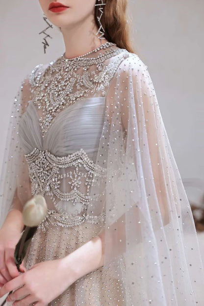 Glamorous Light Grey Tulle Beaded Long Prom Gown with Cape