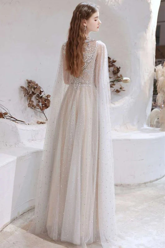Glamorous Light Grey Tulle Beaded Long Prom Gown with Cape