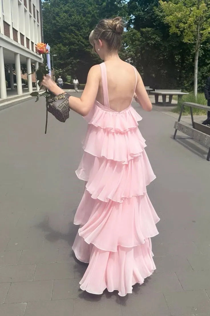 Glamorous Light Pink A-Line Crisscross-Halter Sleeveless Tiered Ruffle Open-Back Floor-Length Prom Dresses